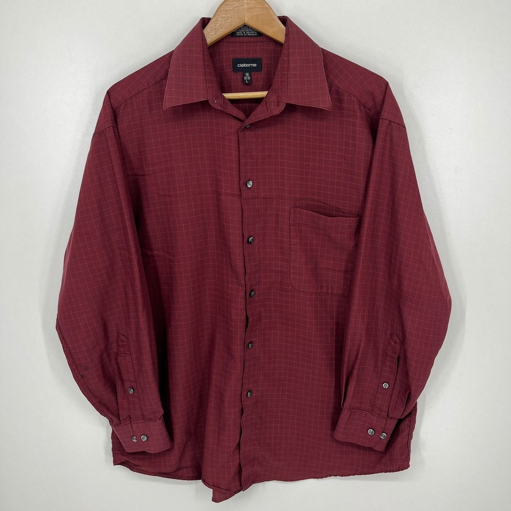 Claiborne Mens Burgundy Red Grid Button Down Shirt Long Sleeve Size 16 32-33 L